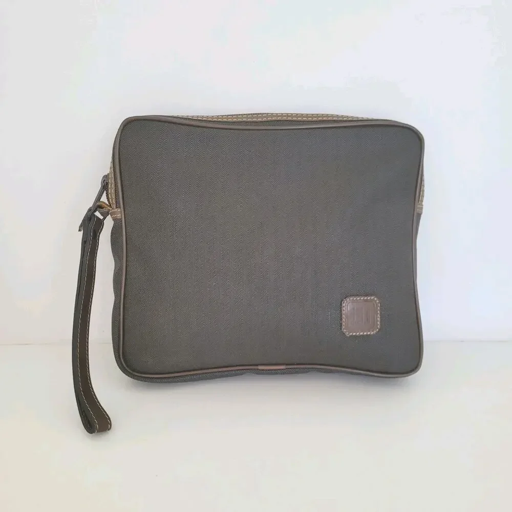 Dunhill Wristlet Pouch Unisex Bag Zip Around Brown Logo Designer Coated Canvas
